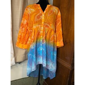 Est. 1946 Tunic Dress Women XL Orange Blue Good Paisley Ombre Sheer High-Low